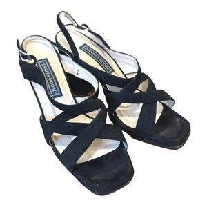 VTG! Jennifer Moore Black Heels Criss Cross Strap Slingback Sandal 7.5M Y2K Glam
